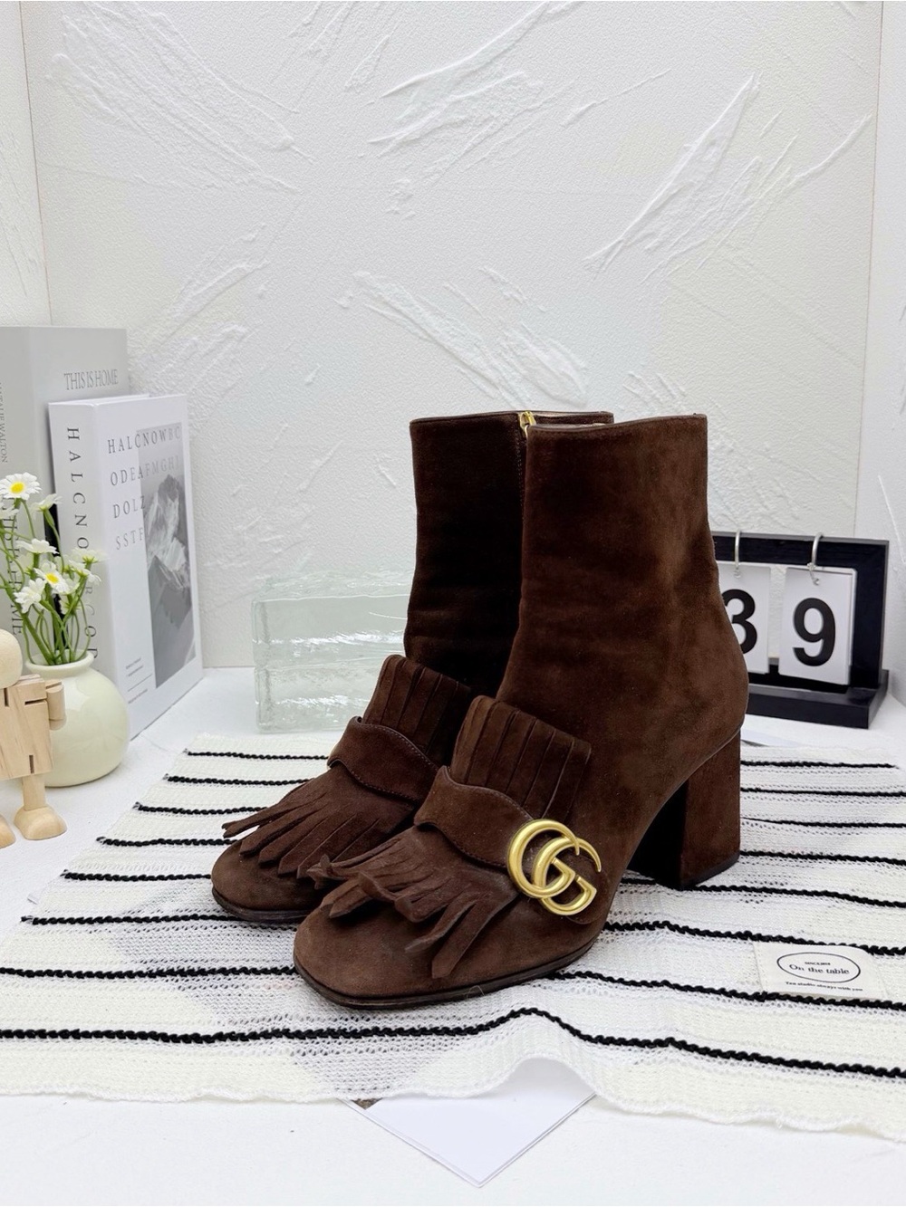 🚩steal Gucci Brown Suede Fringe Ankle Boots with Gold Double G